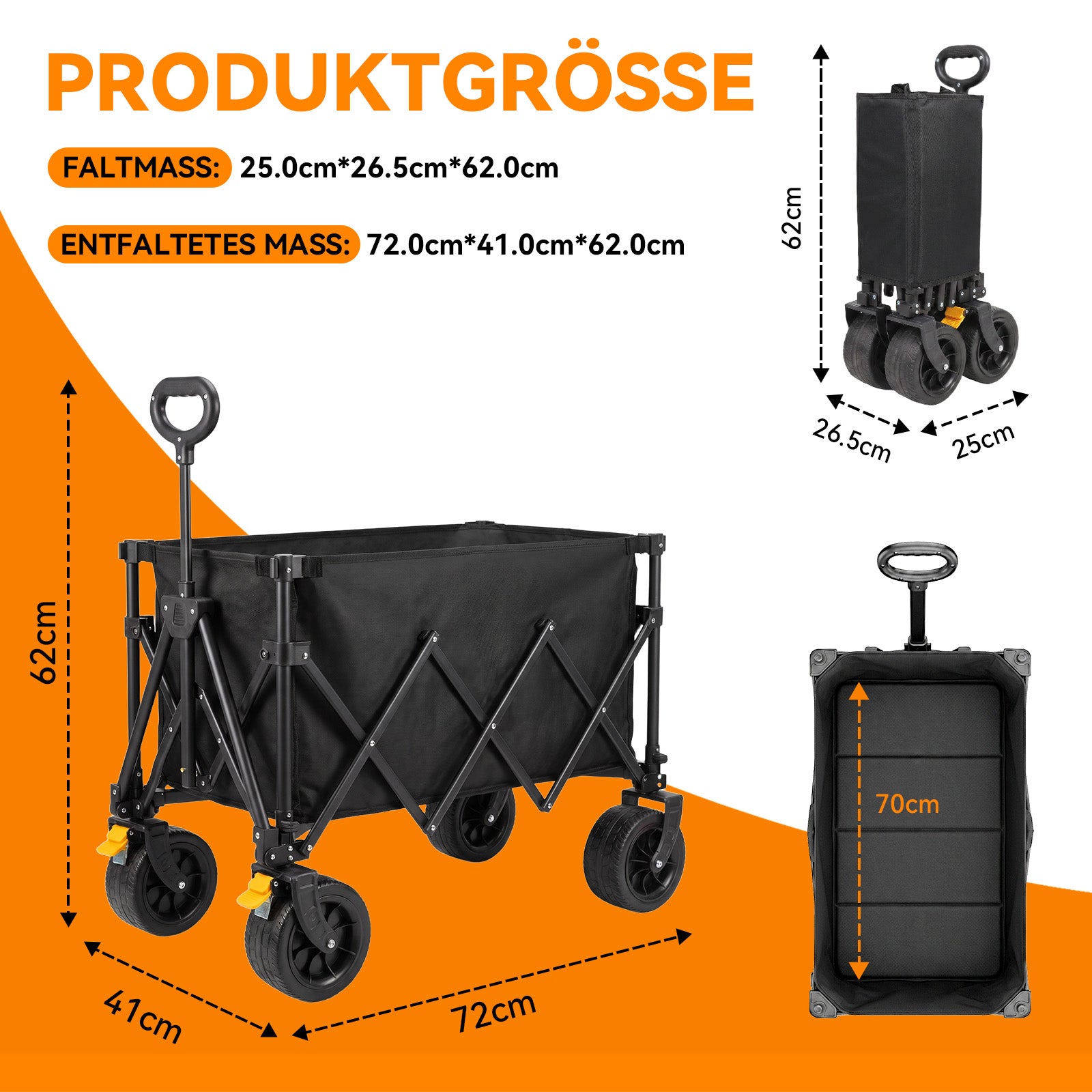 100KG 200L Faltbarer Bollerwagen zusammenziehbar mit Bremsen