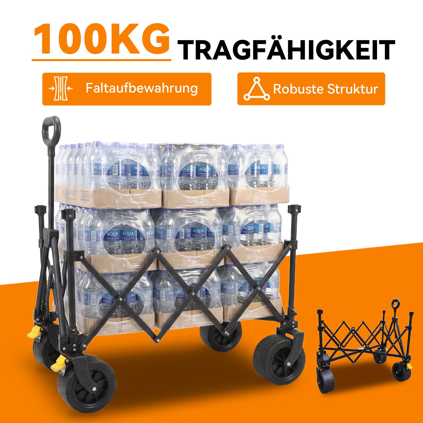 100KG 200L Faltbarer Bollerwagen zusammenziehbar mit Bremsen