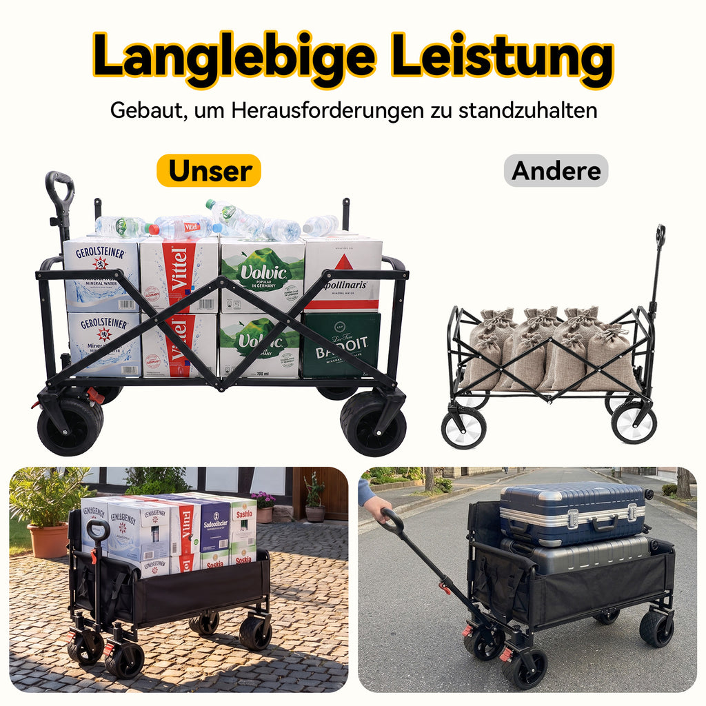 Folding Folding Trolley with Wheels, 200L Capacity, Folding Sports Cart, 440 lbs Load Capacity, Large 3-in-1 Shopping Cart for Sand, Beach, Camping and Fishing